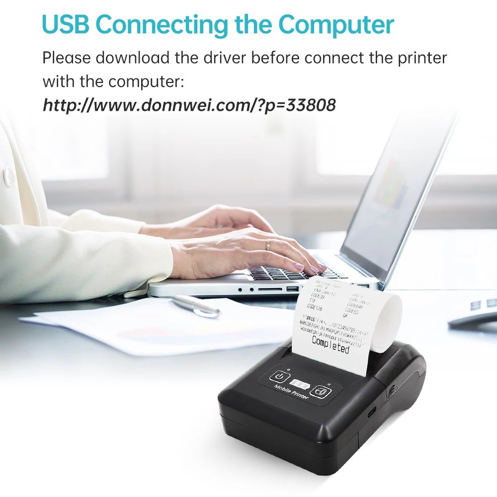 H20 58mm Mini Portable Thermal Printer, Wireless Bluetooth & USB, for Restaurant, Retail, Small Business - EU Plug