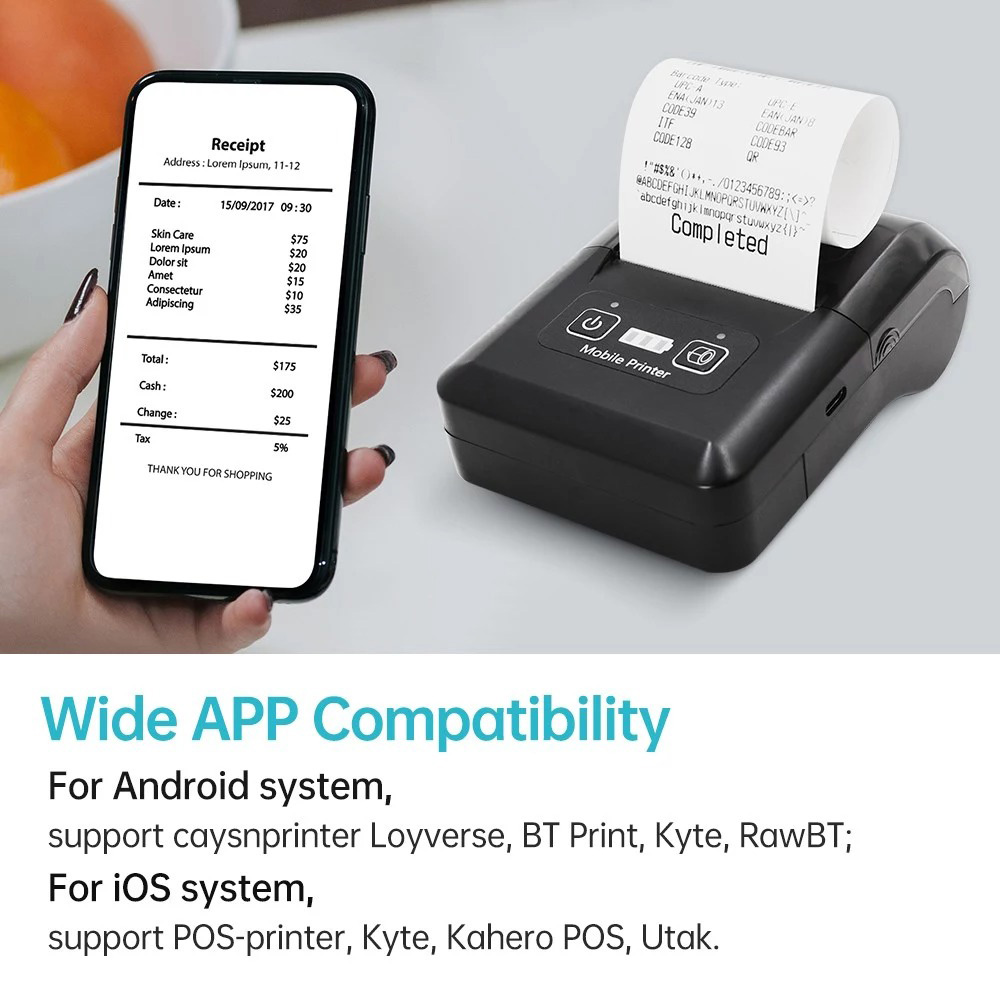 H20 58mm Mini Portable Thermal Printer, Wireless Bluetooth & USB, Compatible with 57mm Paper (POS, Bills, Tickets), for Restaurant, Retail, Small Business - US Plug