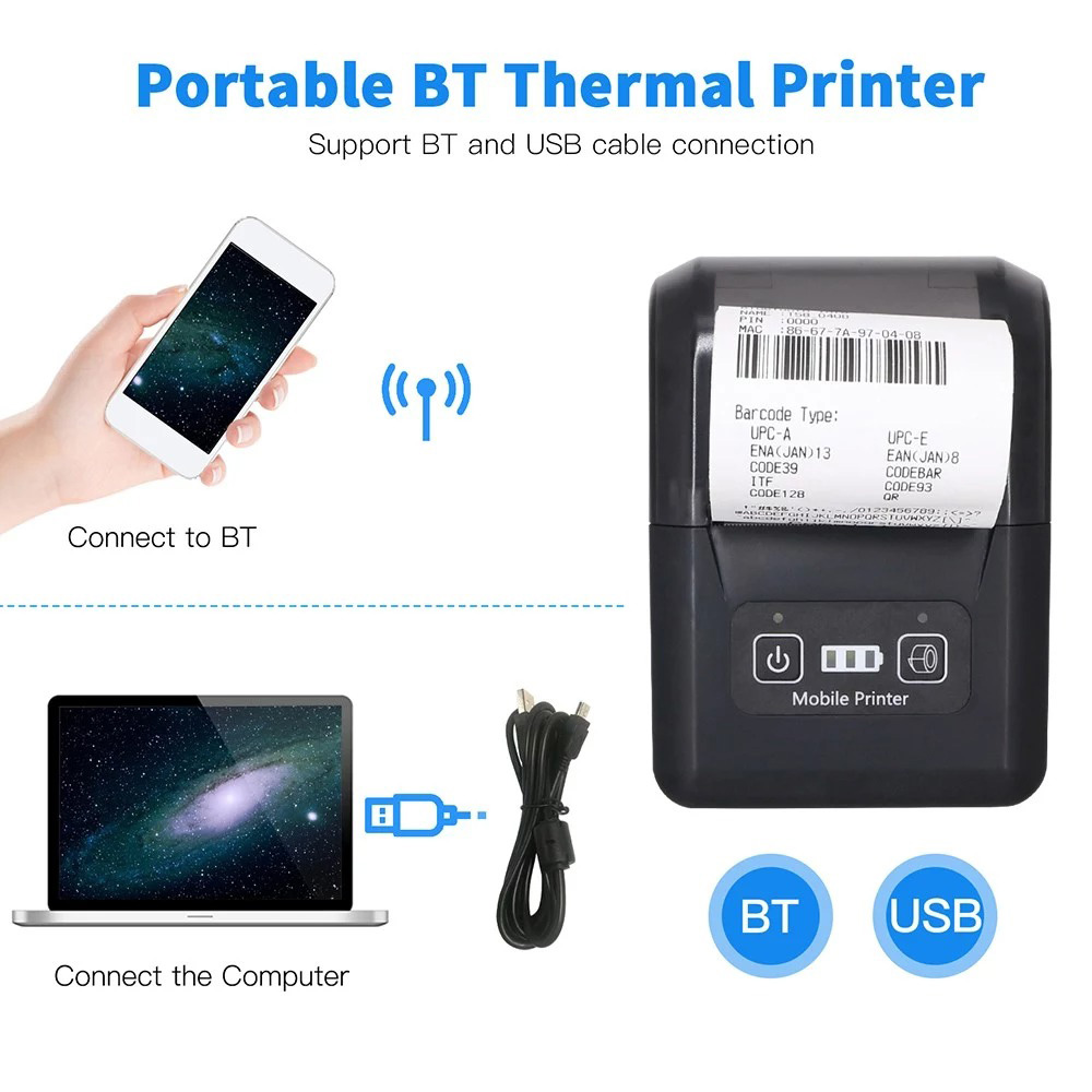H20 58mm Mini Portable Thermal Printer, Wireless Bluetooth & USB, Compatible with 57mm Paper (POS, Bills, Tickets), for Restaurant, Retail, Small Business - US Plug