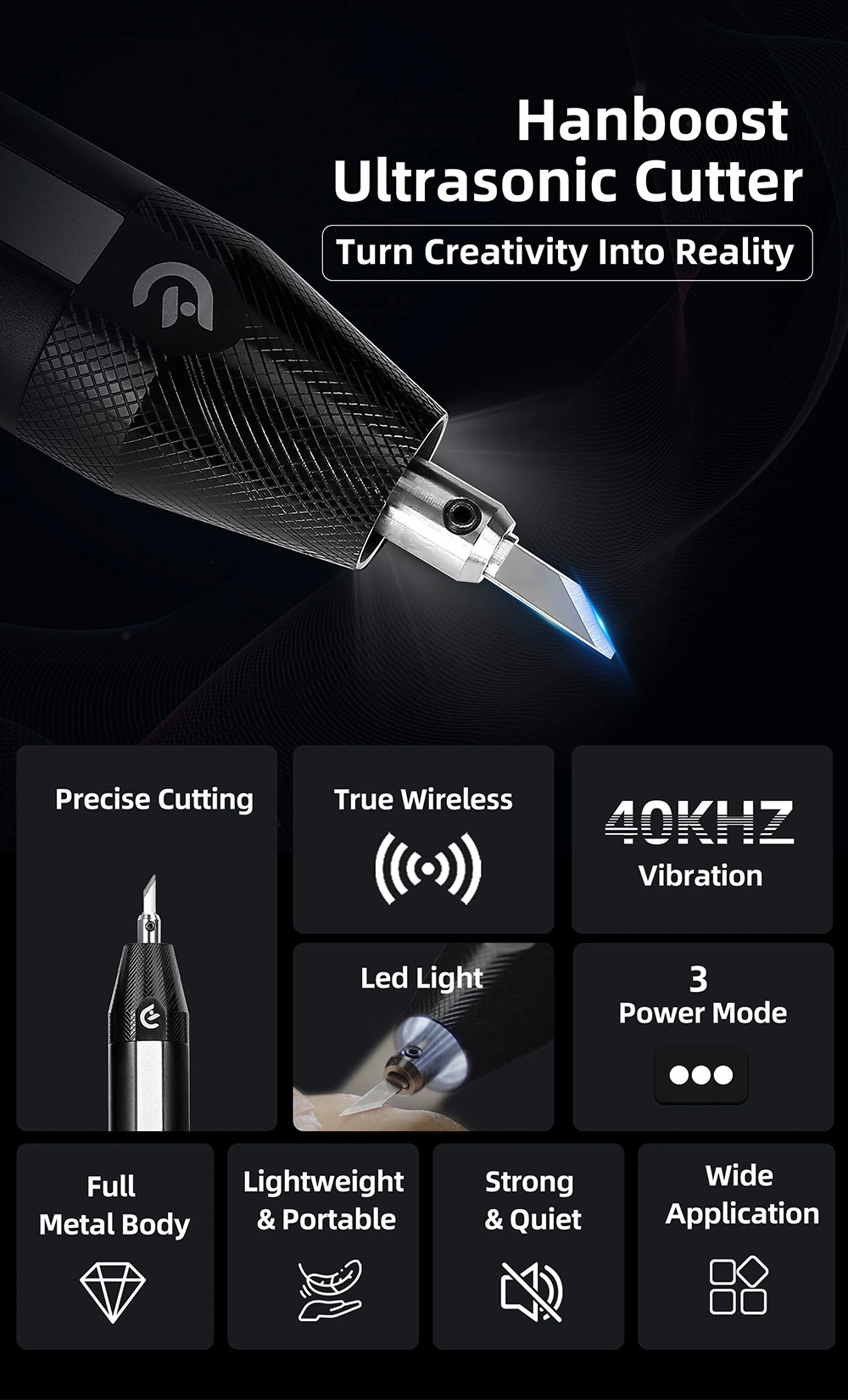 Hanboost C1 Wireless Ultrasonic Cutter, 40KHz Vibration, Auto-Adjust, 3 Modes, for 3D Prints(PLA/PETG/Resin) & Crafts