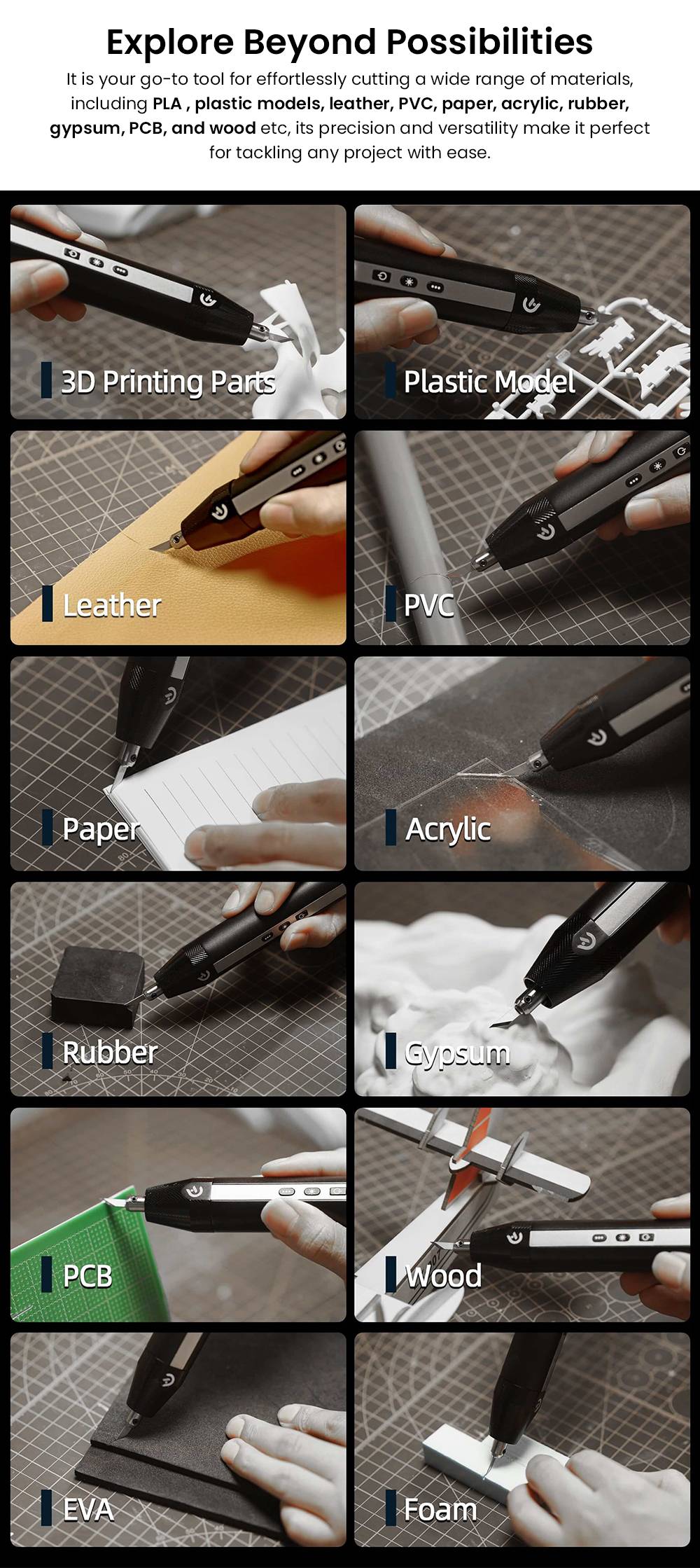 Hanboost C1 Wireless Ultrasonic Cutter, 40KHz Vibration, Auto-Adjust, 3 Modes, for 3D Prints(PLA/PETG/Resin) & Crafts