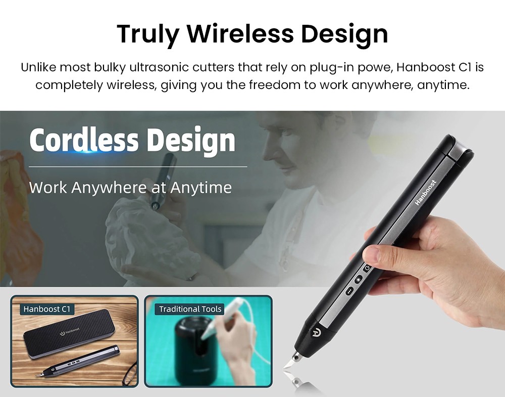 Hanboost C1 Wireless Ultrasonic Cutter, 40KHz Vibration, Auto-Adjust, 3 Modes, for 3D Prints(PLA/PETG/Resin) & Crafts