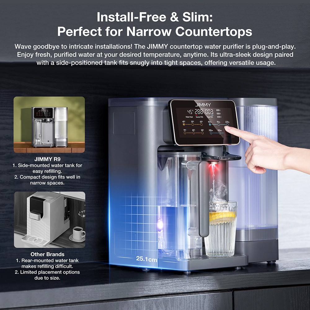 JIMMY R9 Countertop Reverse Osmosis Water Purifier, 7 Stage Purification with Remineralization & UV, 3s Instant Heat, 7 Temps, 3:1 Pure to Drain, Gray