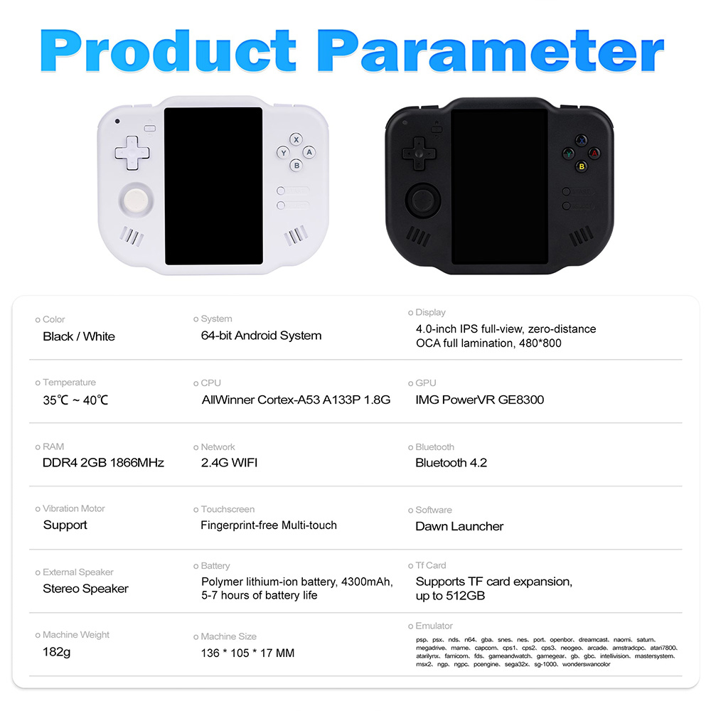 Magicx Zero 40 Retro Game Console, 4 inch IPS Touchscreen, 64GB TF Card, 30+ Emulators, 64-bit Android System, 7 Hours of Battery Life - White