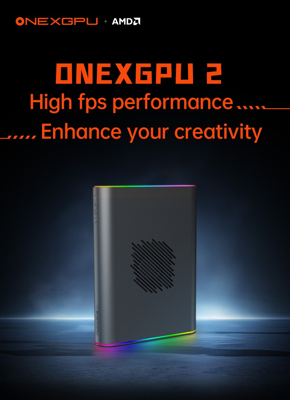 Refurbished One Netbook ONEXGPU 2 eGPU Dock with AMD Radeon RX 7800M GPU, 12GB GDDR6 RAM, 192bit, 1*Oculink, 1*USB-C 4.0, 2*USB 3.2, 1*PCIe 3.0 SSD, 1*RJ45, 1*HDMI 2.1, 2*DP 2.0, 65W Reverse Charging, RGB Light Effects - EU Plug