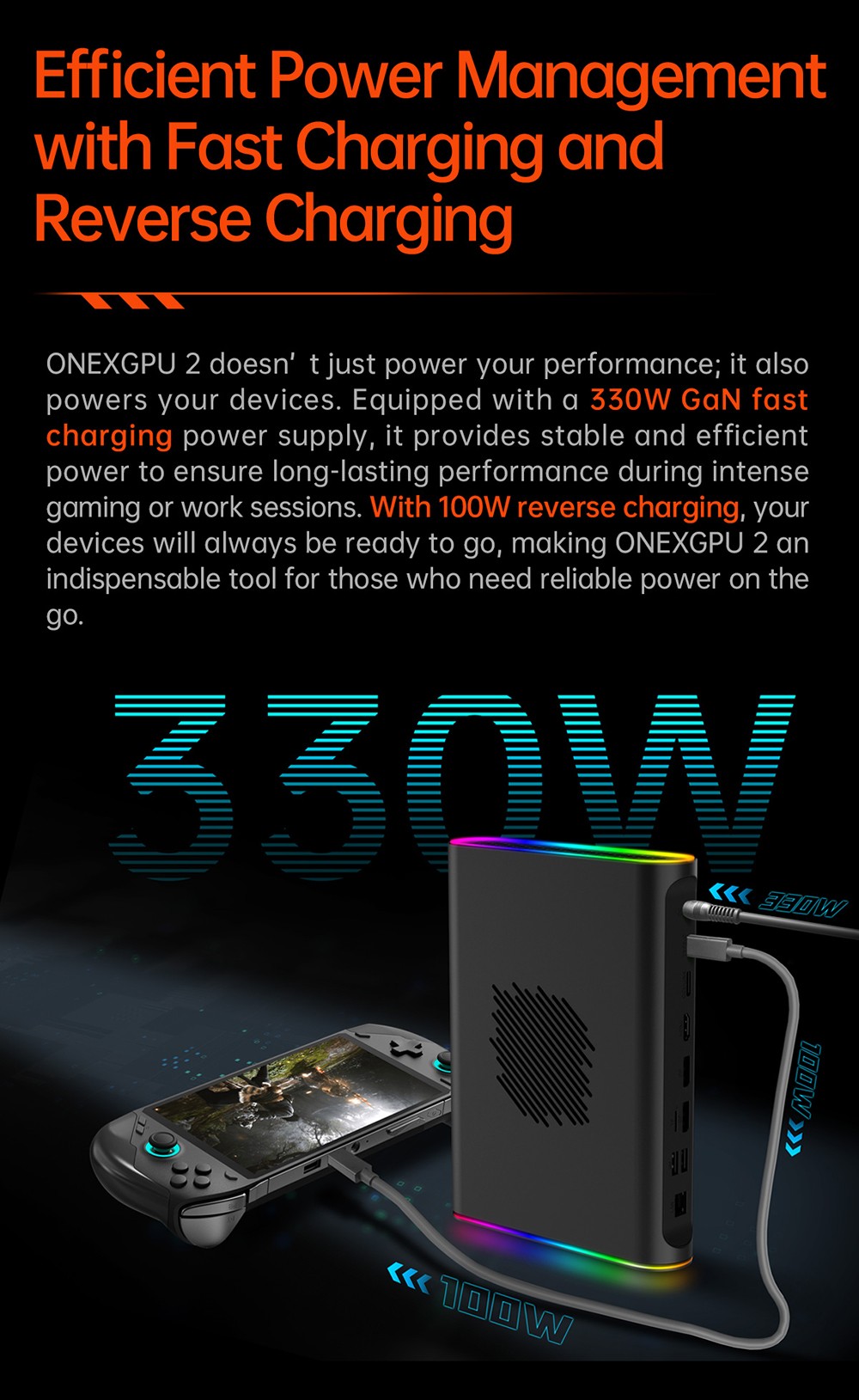 Refurbished One Netbook ONEXGPU 2 eGPU Dock with AMD Radeon RX 7800M GPU, 12GB GDDR6 RAM, 192bit, 1*Oculink, 1*USB-C 4.0, 2*USB 3.2, 1*PCIe 3.0 SSD, 1*RJ45, 1*HDMI 2.1, 2*DP 2.0, 65W Reverse Charging, RGB Light Effects - EU Plug