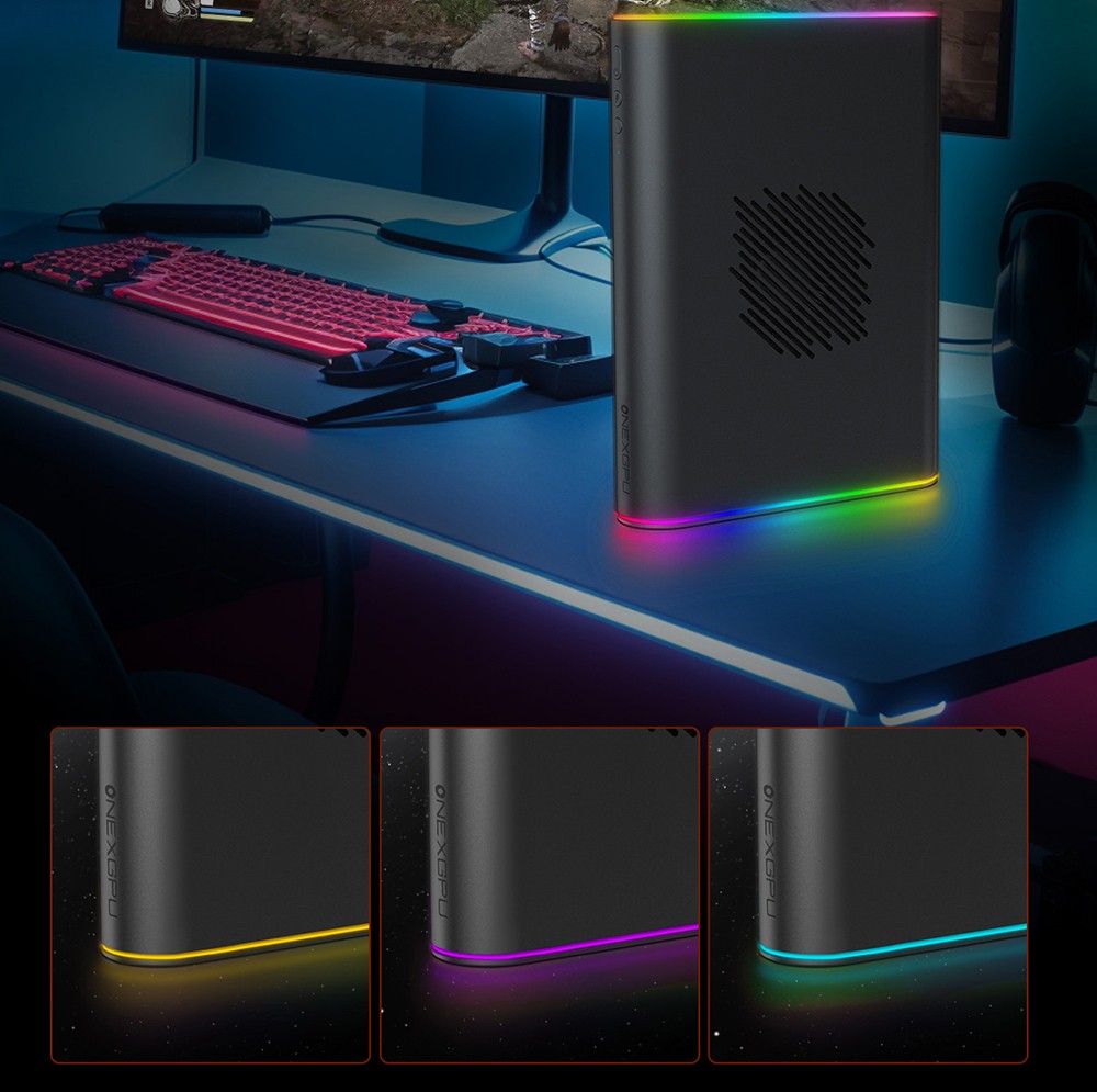 Refurbished One Netbook ONEXGPU 2 eGPU Dock with AMD Radeon RX 7800M GPU, 12GB GDDR6 RAM, 192bit, 1*Oculink, 1*USB-C 4.0, 2*USB 3.2, 1*PCIe 3.0 SSD, 1*RJ45, 1*HDMI 2.1, 2*DP 2.0, 65W Reverse Charging, RGB Light Effects - EU Plug