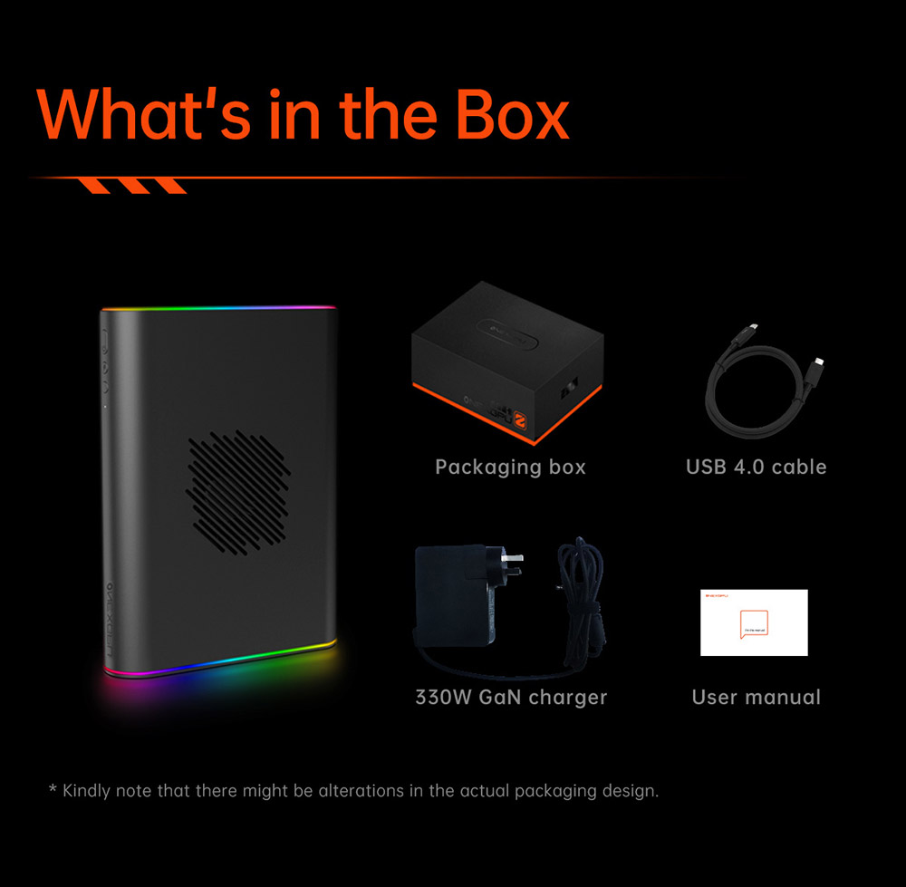 Refurbished One Netbook ONEXGPU 2 eGPU Dock with AMD Radeon RX 7800M GPU, 12GB GDDR6 RAM, 192bit, 1*Oculink, 1*USB-C 4.0, 2*USB 3.2, 1*PCIe 3.0 SSD, 1*RJ45, 1*HDMI 2.1, 2*DP 2.0, 65W Reverse Charging, RGB Light Effects - EU Plug