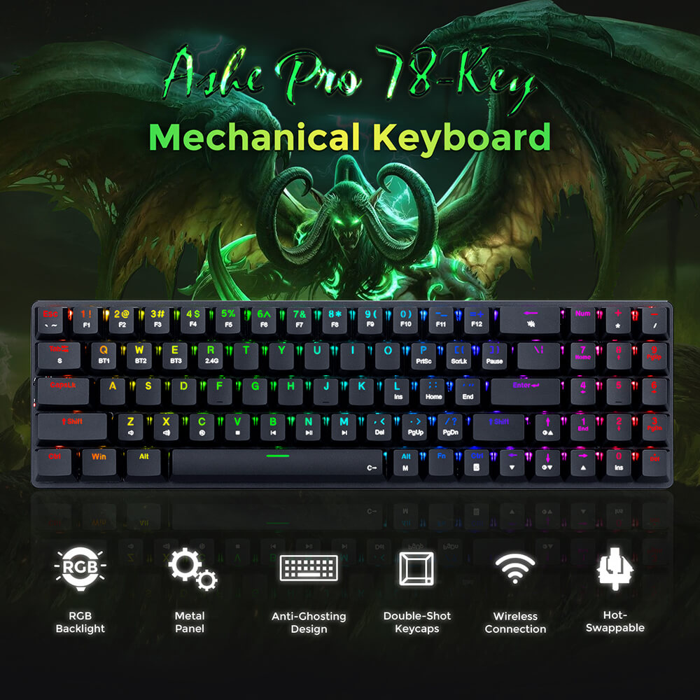 Refurbished Redragon K626P-KBS Ashe Pro 78 Keys Tri-Mode Wireless RGB Mechanical Keyboard Ultra-Thin with Numpad Blue Switch - Black