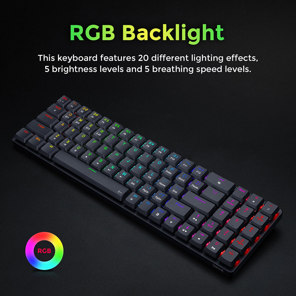 Refurbished Redragon K626P-KBS Ashe Pro 78 Keys Tri-Mode Wireless RGB Mechanical Keyboard Ultra-Thin with Numpad Blue Switch - Black