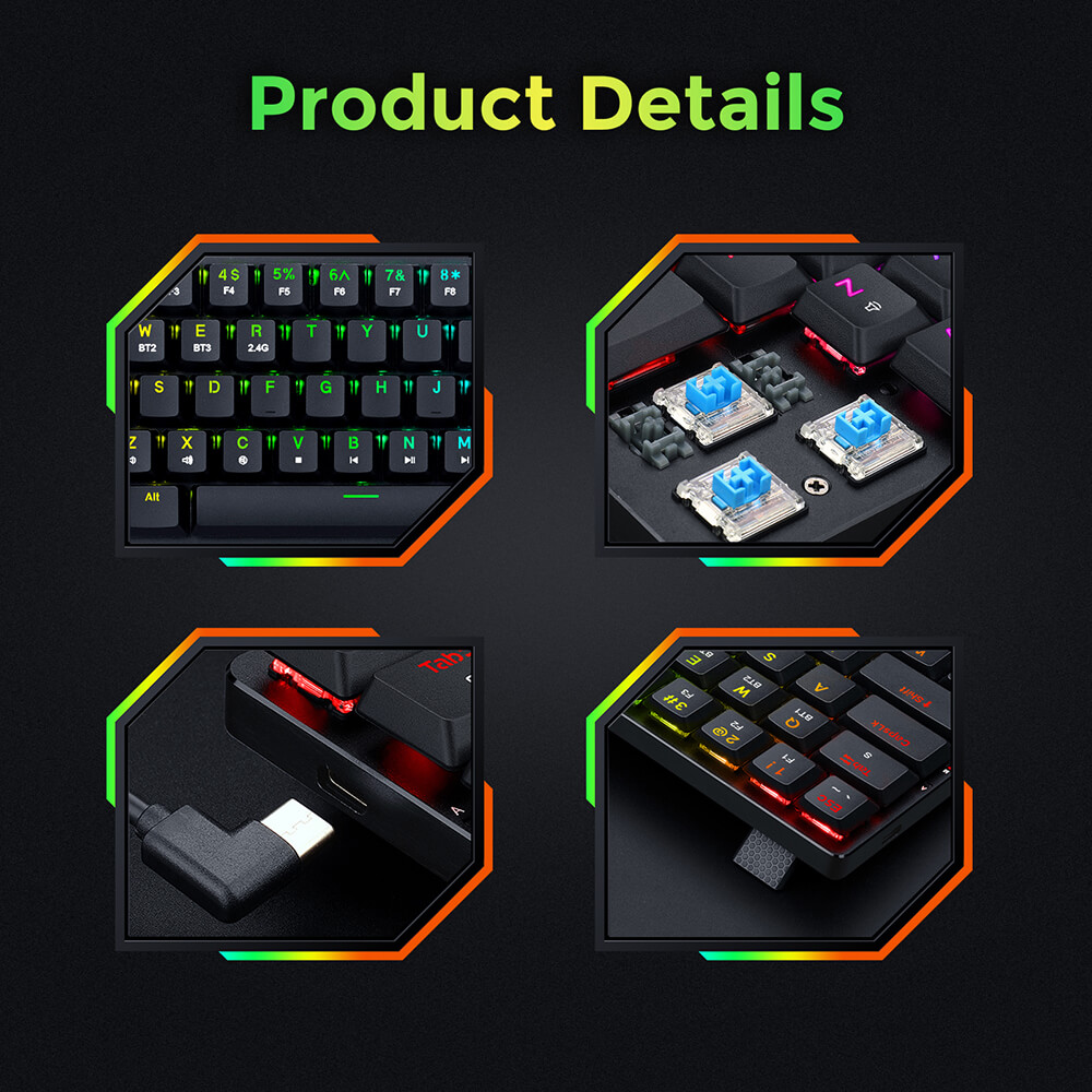 Refurbished Redragon K626P-KBS Ashe Pro 78 Keys Tri-Mode Wireless RGB Mechanical Keyboard Ultra-Thin with Numpad Blue Switch - Black