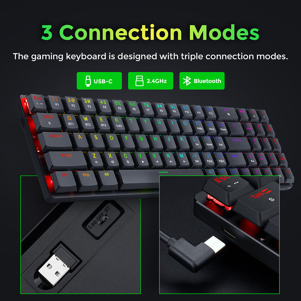 Refurbished Redragon K626P-KBS Ashe Pro 78 Keys Tri-Mode Wireless RGB Mechanical Keyboard Ultra-Thin with Numpad Blue Switch - Black