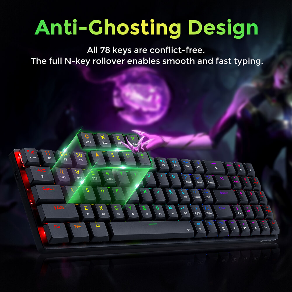 Refurbished Redragon K626P-KBS Ashe Pro 78 Keys Tri-Mode Wireless RGB Mechanical Keyboard Ultra-Thin with Numpad Blue Switch - Black