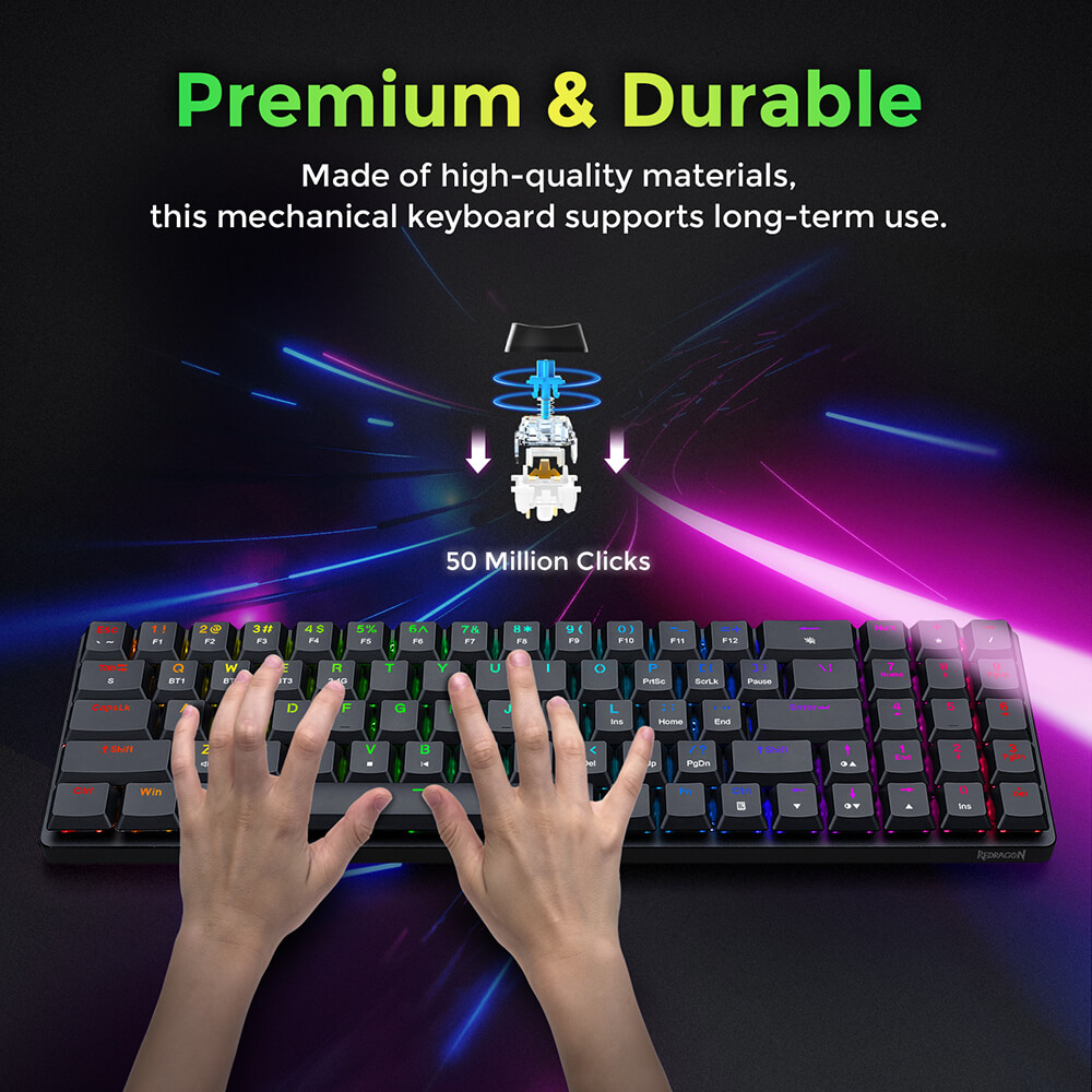Refurbished Redragon K626P-KBS Ashe Pro 78 Keys Tri-Mode Wireless RGB Mechanical Keyboard Ultra-Thin with Numpad Blue Switch - Black