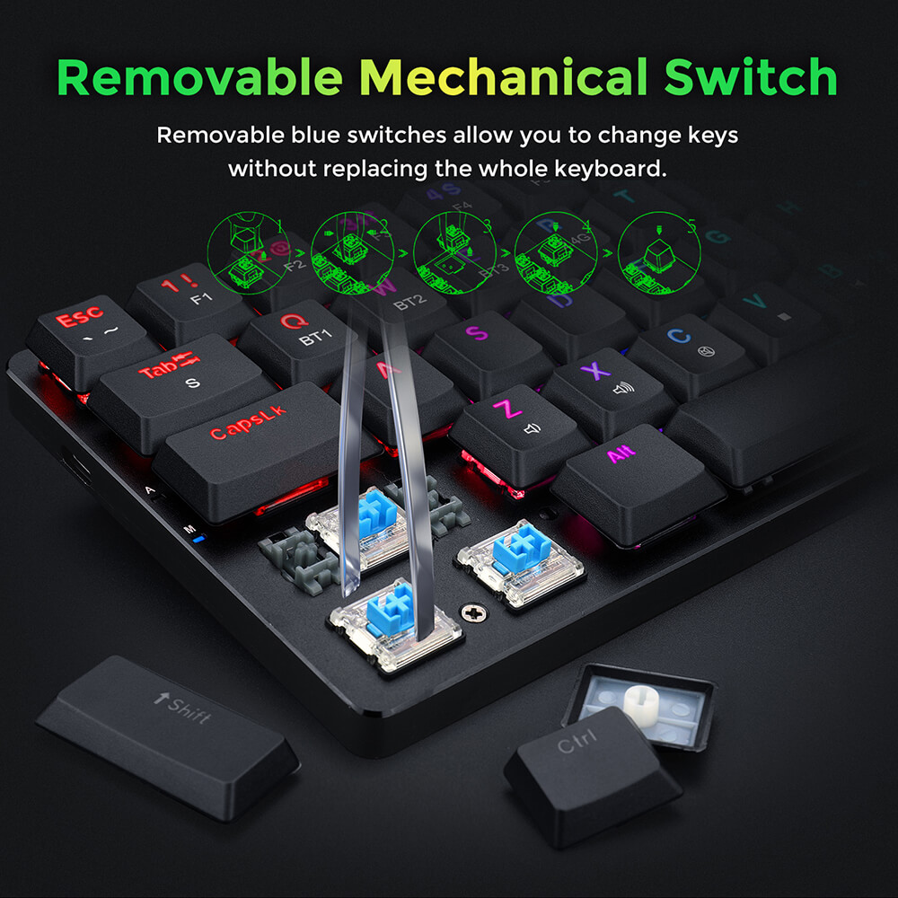Refurbished Redragon K626P-KBS Ashe Pro 78 Keys Tri-Mode Wireless RGB Mechanical Keyboard Ultra-Thin with Numpad Blue Switch - Black