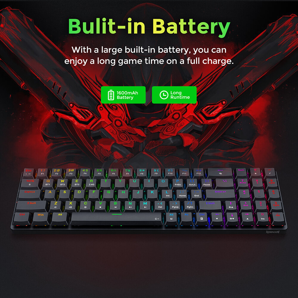 Refurbished Redragon K626P-KBS Ashe Pro 78 Keys Tri-Mode Wireless RGB Mechanical Keyboard Ultra-Thin with Numpad Blue Switch - Black