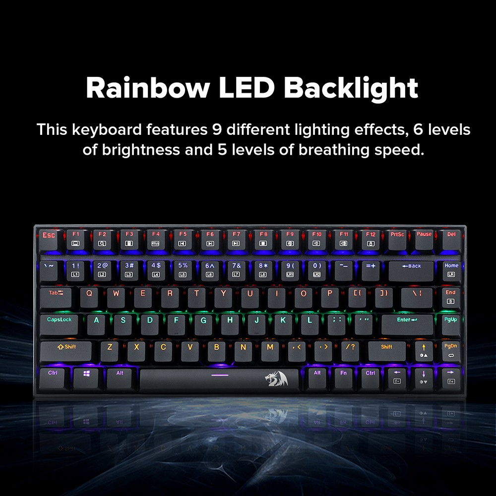 Refurbished Redragon K629-KB 75% Rainbow LED Backlight Mechanical Gaming keyboard 84 key Blue Switch-Black