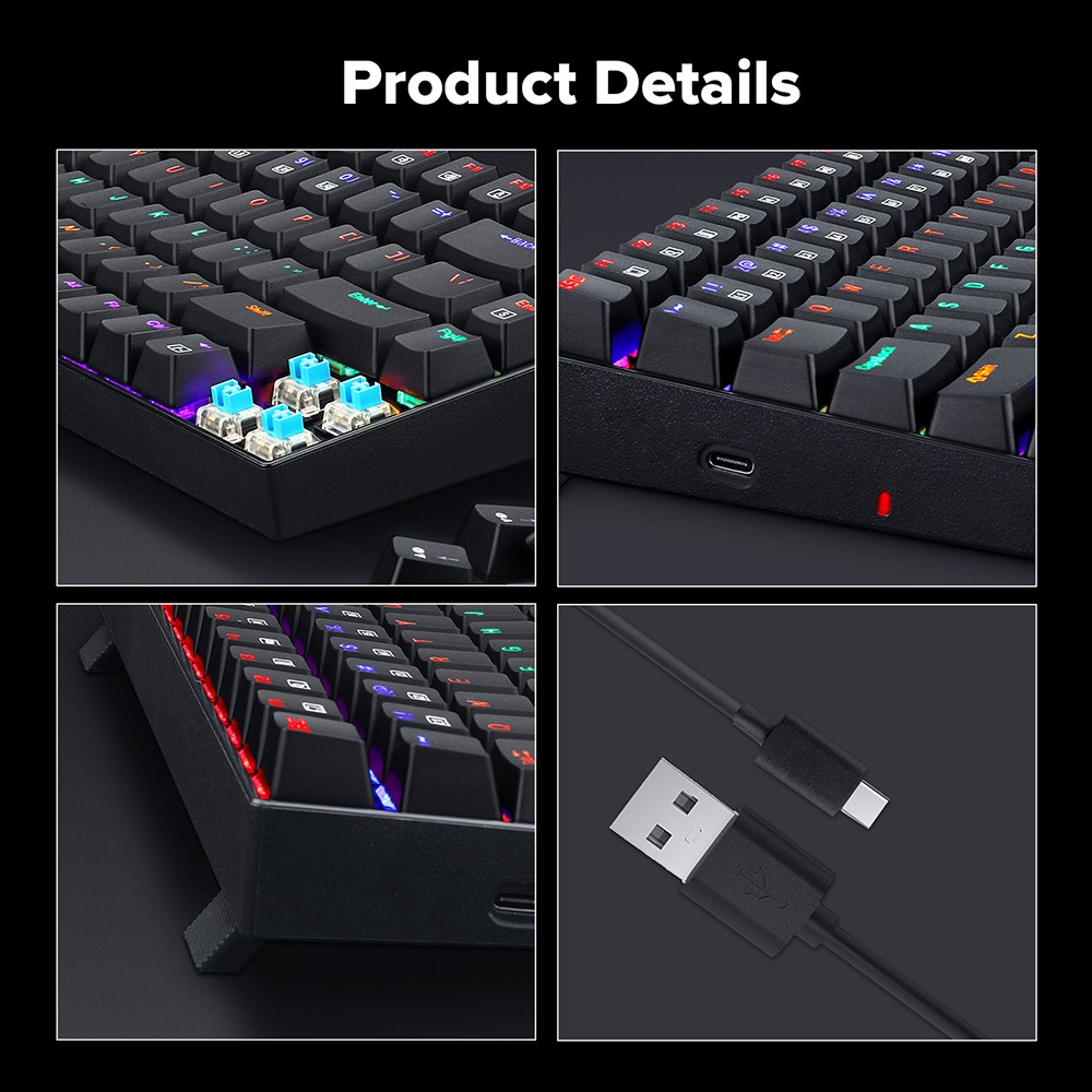 Refurbished Redragon K629-KB 75% Rainbow LED Backlight Mechanical Gaming keyboard 84 key Blue Switch-Black