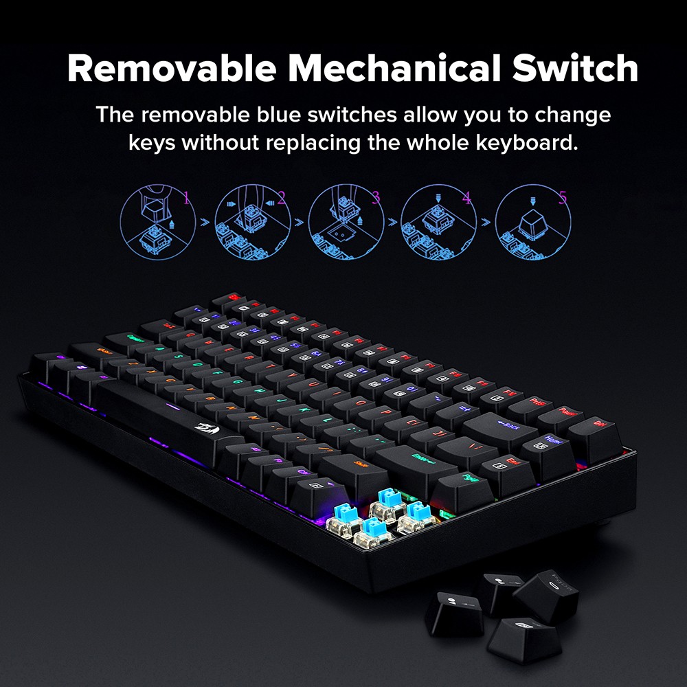 Refurbished Redragon K629-KB 75% Rainbow LED Backlight Mechanical Gaming keyboard 84 key Blue Switch-Black