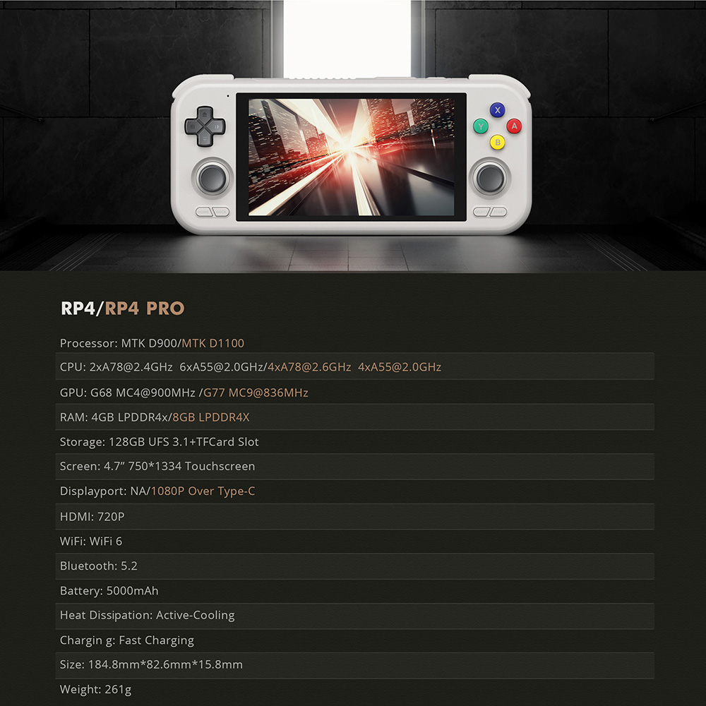 Refurbished Retroid Pocket 4 Pro Game Console, 4.7-inch Touchscreen, 8GB RAM 128GB Storage, No Games Preinstalled, Android 13, Moonlight Streaming - Transparent White