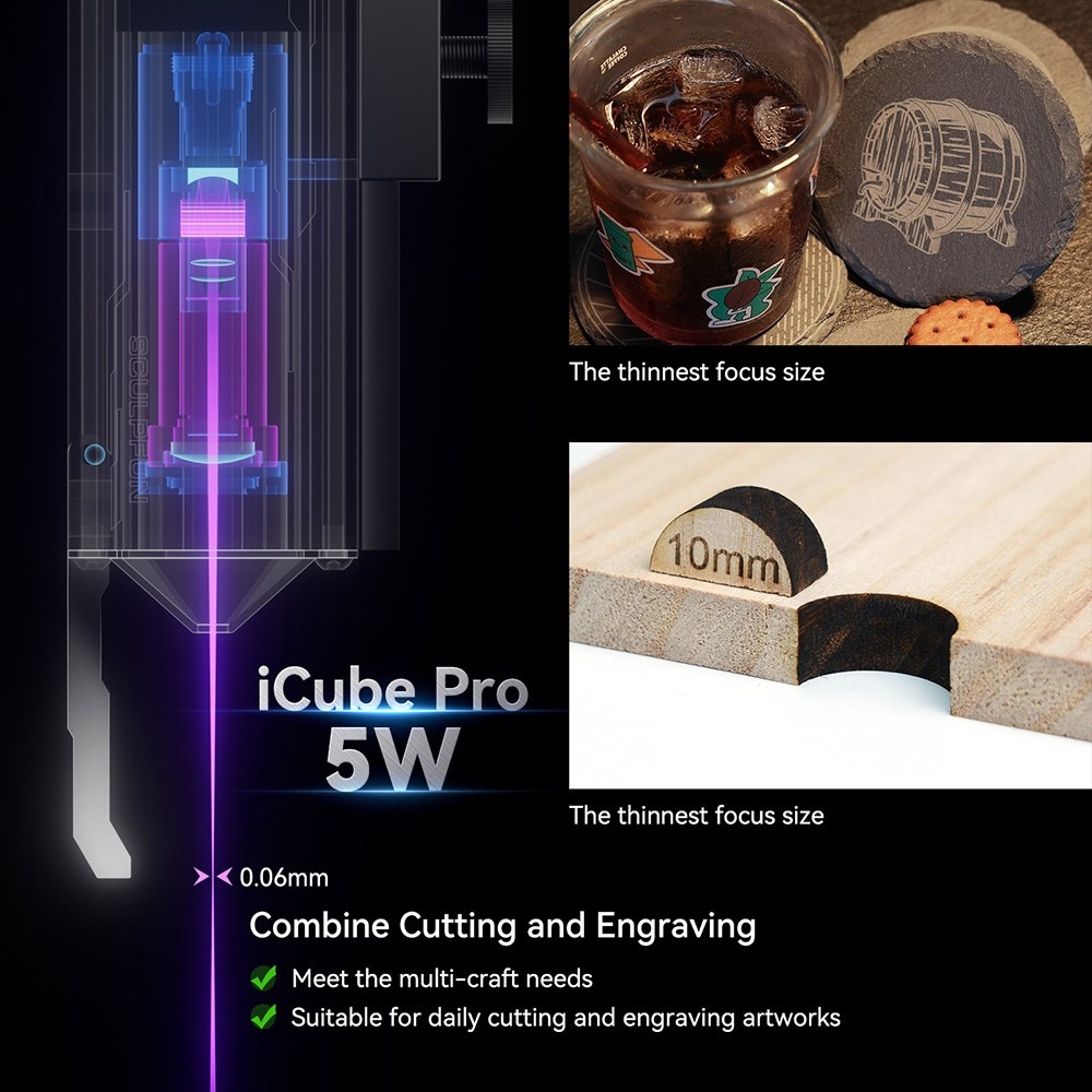 SCULPFUN iCube Pro 5W Laser Engraver, 0.06mm Laser Spot, 10000mm/min Engraving Speed, 32-bit Motherboard, Replaceable Lens, Smoke Filter, Temperature Alarm, App Connection, 130x130mm