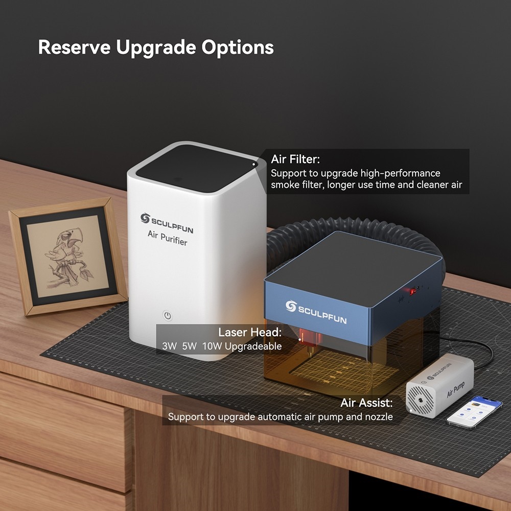 SCULPFUN iCube Pro 5W Laser Engraver, 0.06mm Laser Spot, 10000mm/min Engraving Speed, 32-bit Motherboard, Replaceable Lens, Smoke Filter, Temperature Alarm, App Connection, 130x130mm