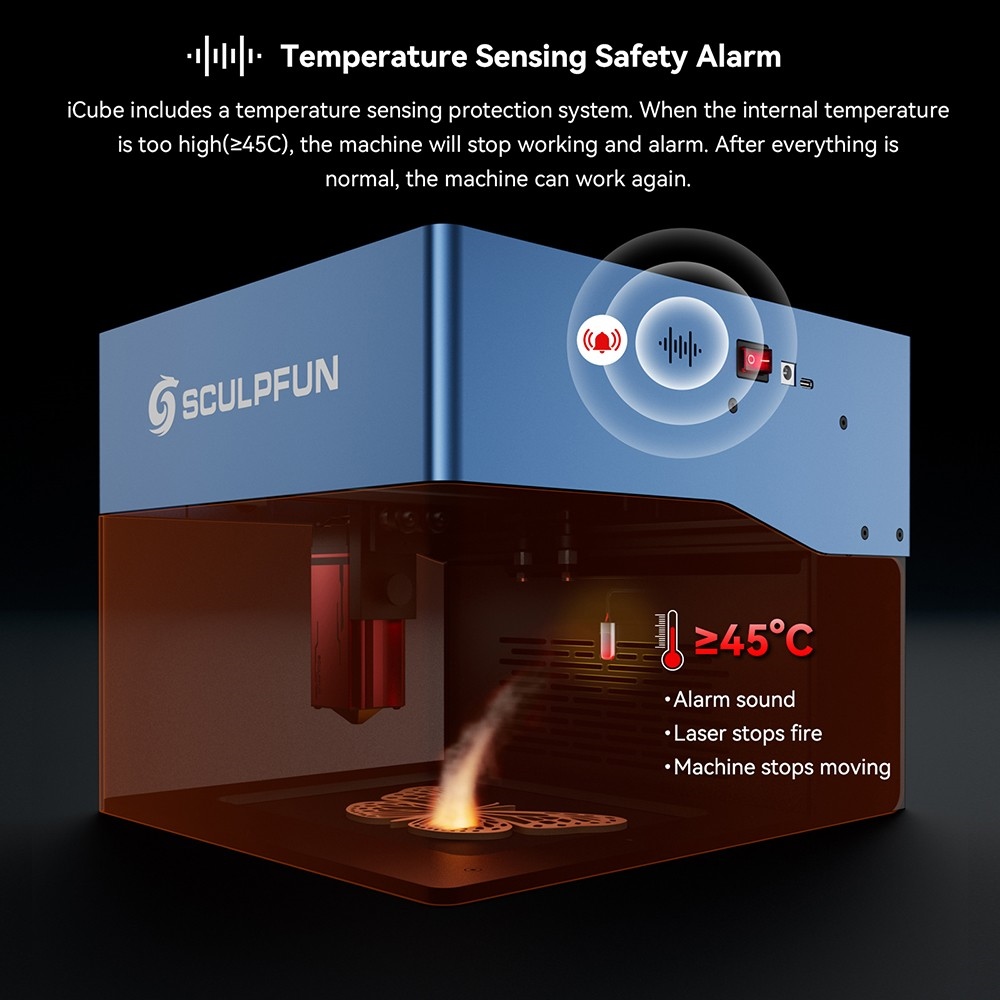 SCULPFUN iCube Pro 5W Laser Engraver, 0.06mm Laser Spot, 10000mm/min Engraving Speed, 32-bit Motherboard, Replaceable Lens, Smoke Filter, Temperature Alarm, App Connection, 130x130mm