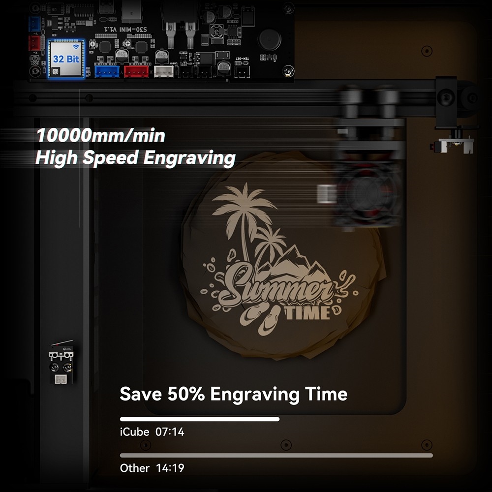 SCULPFUN iCube Pro 5W Laser Engraver, 0.06mm Laser Spot, 10000mm/min Engraving Speed, 32-bit Motherboard, Replaceable Lens, Smoke Filter, Temperature Alarm, App Connection, 130x130mm