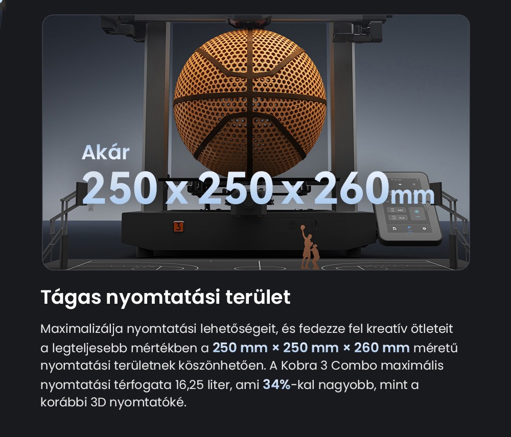 ANYCUBIC KOBRA 3 COMBO 3D nyomtató, ACE Pro-val, Max. 600 mm/s sebesség, Kettős PTC fűtőrendszer, Intelligens többszínű nyomtatás, Automatikus szintezés, Fúvóka eltömődés-észlelés, Bővíthető méret 250x250x260mm