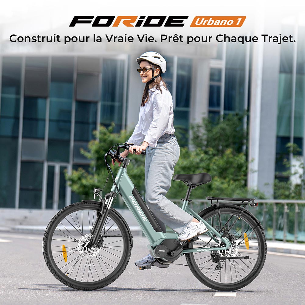 Foride Urbano 1 Vélo électrique, moteur central 250 W, batterie 36 V 13 Ah, pneus 26 pouces, vitesse maximale 25 km/h, autonomie 110 km, freins à disque hydrauliques, fourche à suspension avec blocage, transmission Shimano 7 vitesses