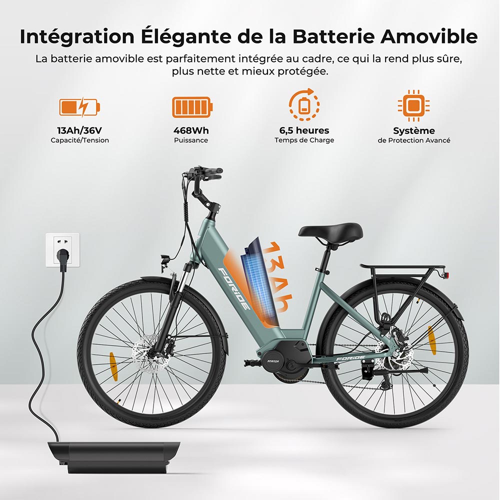 Foride Urbano 1 Vélo électrique, moteur central 250 W, batterie 36 V 13 Ah, pneus 26 pouces, vitesse maximale 25 km/h, autonomie 110 km, freins à disque hydrauliques, fourche à suspension avec blocage, transmission Shimano 7 vitesses