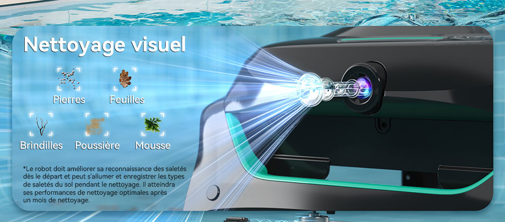 Aspirateur robot de piscine sans fil WYBOT C2 Vision, détection de débris avec caméra AI, nettoyage principal 8 en 1, filtration à deux couches, moteurs sans balais pour une aspiration puissante, pour piscines jusqu'à 1940 pieds carrés, noir vert