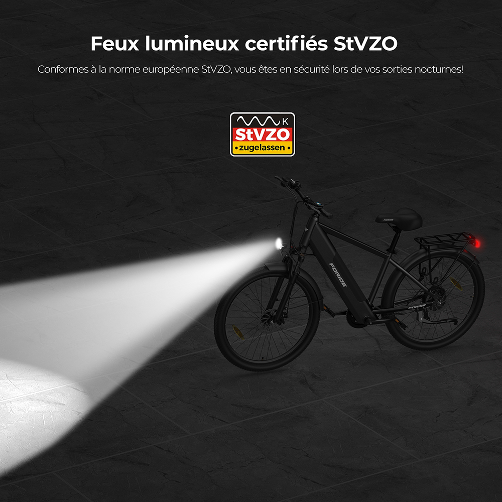 Foride Roamer 1 Vélo électrique à enjambement, moteur 250 W, batterie 36 V 13 Ah, pneus 27,5 pouces, vitesse maximale 25 km/h, autonomie maximale 100 km, frein à disque, suspension avec blocage, transmission Shimano 7 vitesses