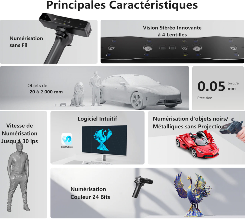 Creality CR Scan Otter Lite Scanner 3D, précision de 0,05 mm, objets de 20 à 2 000 mm, numérisation couleur 24 bits, visage et corps