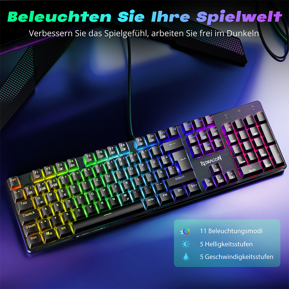 Redragon K671-DE Mechanikus Gaming Billentyűzet, 105 Gombos Teljes Méret, DE QWERTZ Kiosztás, USB-C Vezetékes, Hot-Swap Kapcsolók, RGB Háttérvilágítás, Anti-Ghosting, Kompatibilis Windows/macOS, Játékhoz és Irodához