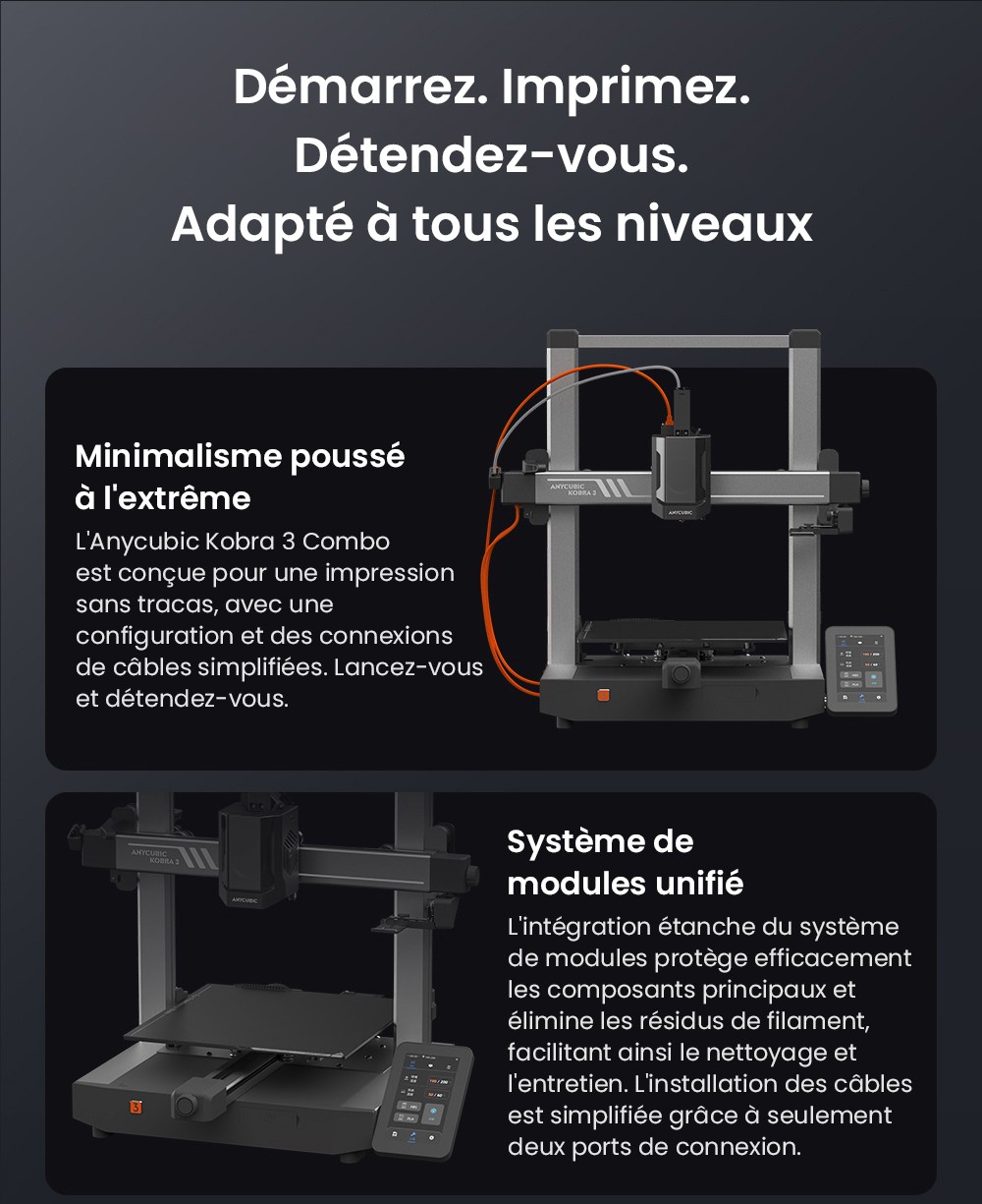 Imprimante 3D ANYCUBIC KOBRA 3 COMBO, avec ACE Pro, vitesse maximale de 600 mm/s, double système de chauffage PTC, impression multicolore intelligente, mise à niveau automatique, détection de colmatage des buses, taille extensible 250 x 250 x 260 mm