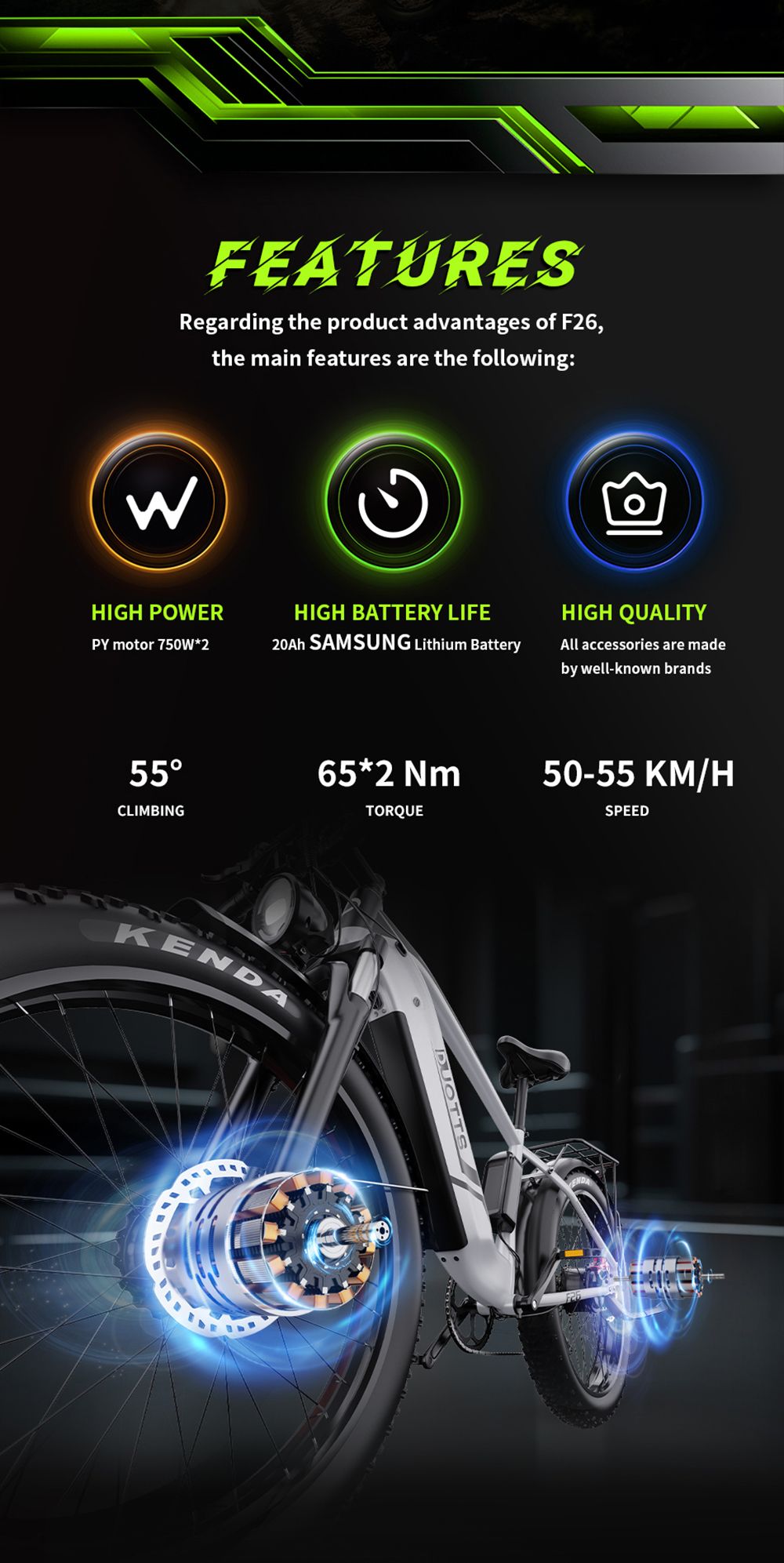 DUOTTS F26 elektromos hegyikerékpár 750W * 2 kettős motor Samsung 48V 20Ah akkumulátor 26 * 4.0 hüvelykes zsírgumik 55Km/h maximális sebesség 55 fokos mászás intelligens színes kijelző APP kettős tárcsafék 150KG maximális terhelés 100KM hatótávolság intelligens alkalmazás - ezüst