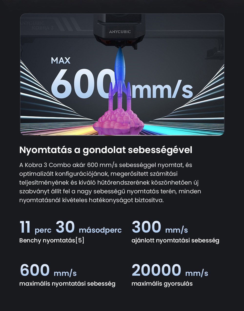 ANYCUBIC KOBRA 3 COMBO 3D nyomtató, ACE Pro-val, Max. 600 mm/s sebesség, Kettős PTC fűtőrendszer, Intelligens többszínű nyomtatás, Automatikus szintezés, Fúvóka eltömődés-észlelés, Bővíthető méret 250x250x260mm