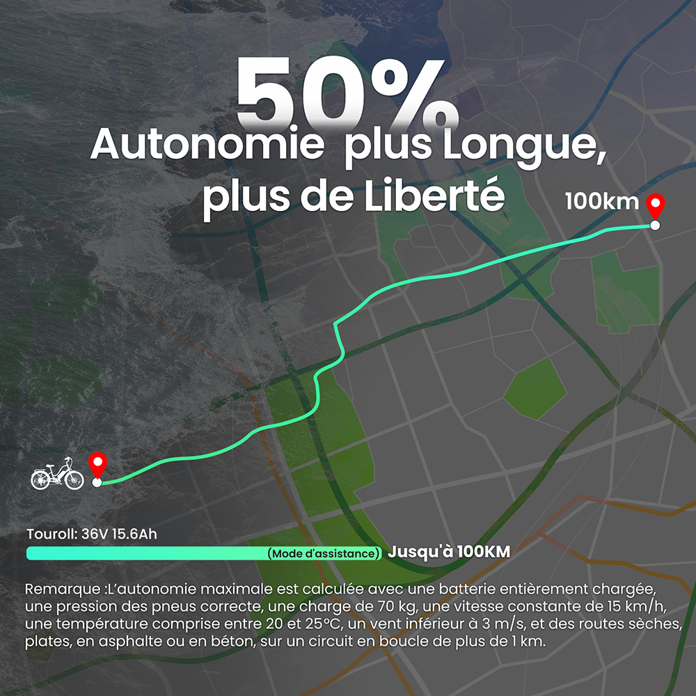 Touroll B2 Vélo électrique, moteur 250 W, batterie 36 V 15,6 Ah, pneus 26 x 2,25 pouces, vitesse maximale 25 km/h, autonomie 100 km, frein à disque et frein électrique, Shimano 7 vitesses, écran LED