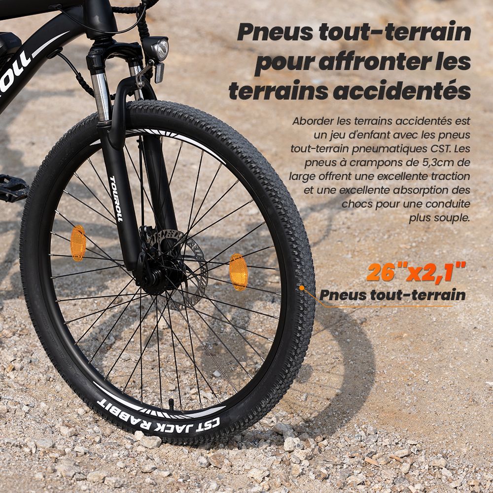 Vélo VTT électrique tout-terrain Touroll U1 26 pouces avec moteur 250 W, batterie amovible 36 V 13 Ah, autonomie maximale de 65 km, transmission Shimano 21 vitesses, frein à disque Shimano 21 vitesses, étanchéité IPX4 - Noir