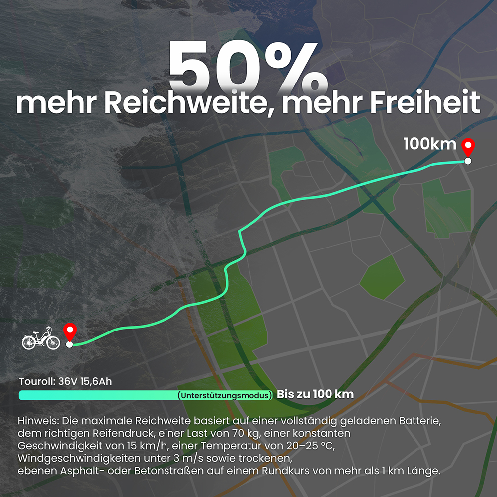 Touroll B2 Elektrofahrrad, 250 W Motor, 36 V 15,6 Ah Akku, 26 x 2,25 Zoll Reifen, 25 km/h Höchstgeschwindigkeit, 100 km Reichweite, Scheibenbremse und E-Bremse, Shimano 7-Gang-Getriebe, LED-Display