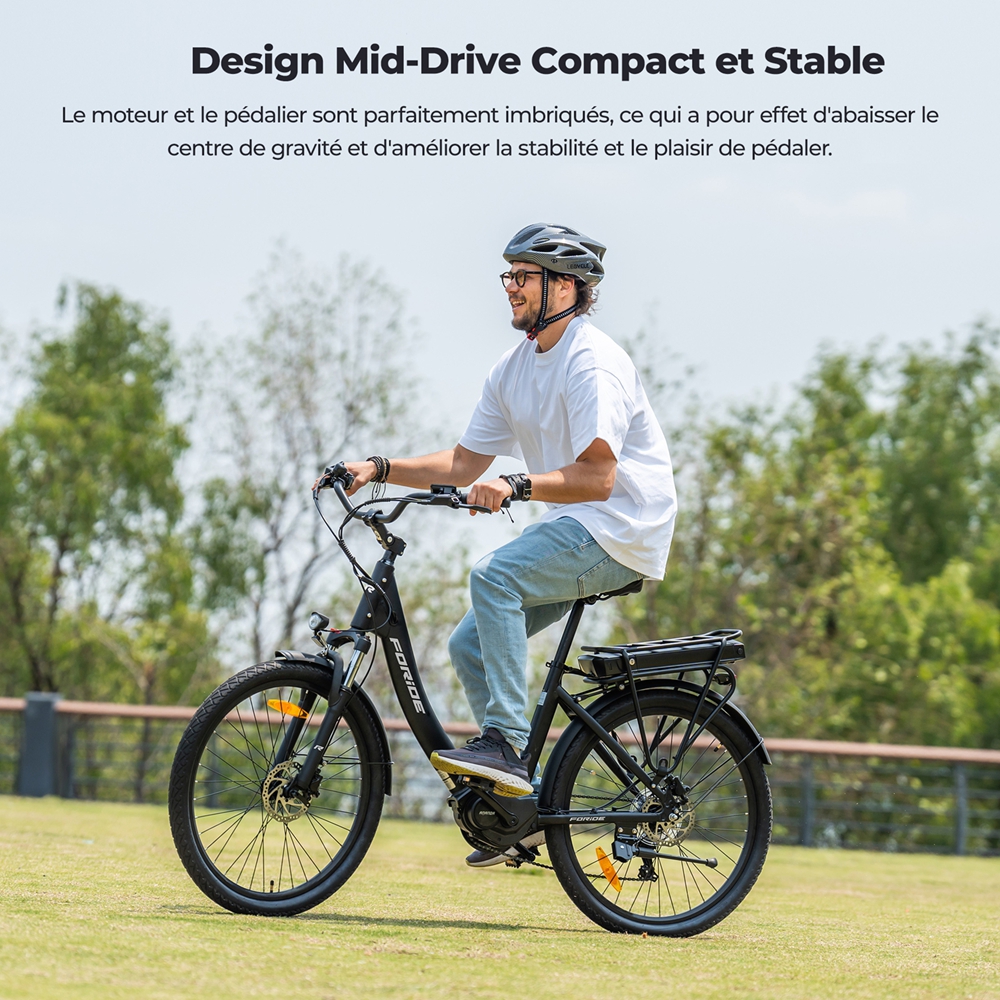 Foride Urbano 2 Vélo électrique, moteur central 250 W, batterie 36 V 13 Ah, pneus 26 pouces, vitesse maximale 25 km/h, autonomie 100 km, frein à disque hydraulique, suspension avec blocage, transmission Shimano 7 vitesses