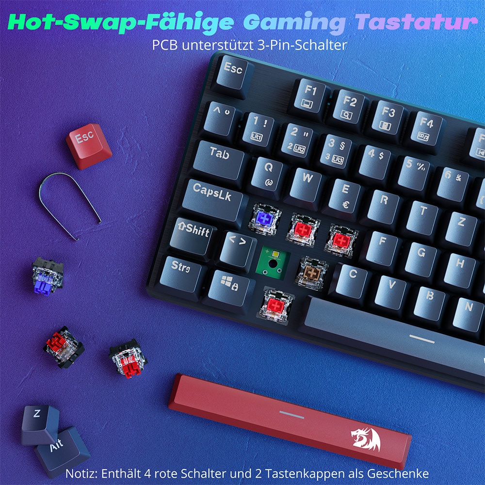Redragon K671-DE Mechanikus Gaming Billentyűzet, 105 Gombos Teljes Méret, DE QWERTZ Kiosztás, USB-C Vezetékes, Hot-Swap Kapcsolók, RGB Háttérvilágítás, Anti-Ghosting, Kompatibilis Windows/macOS, Játékhoz és Irodához
