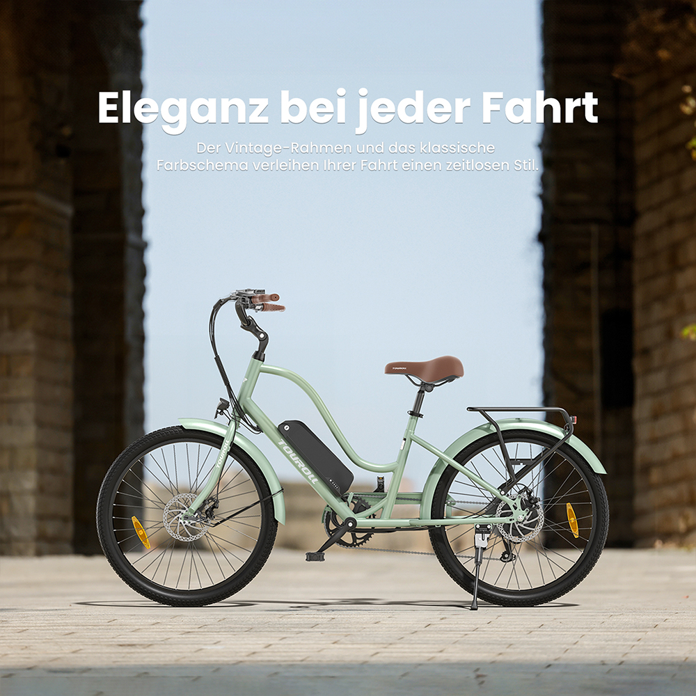 Touroll B2 Elektrofahrrad, 250 W Motor, 36 V 15,6 Ah Akku, 26 x 2,25 Zoll Reifen, 25 km/h Höchstgeschwindigkeit, 100 km Reichweite, Scheibenbremse und E-Bremse, Shimano 7-Gang-Getriebe, LED-Display