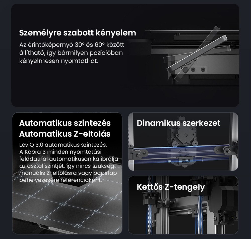 ANYCUBIC KOBRA 3 COMBO 3D nyomtató, ACE Pro-val, Max. 600 mm/s sebesség, Kettős PTC fűtőrendszer, Intelligens többszínű nyomtatás, Automatikus szintezés, Fúvóka eltömődés-észlelés, Bővíthető méret 250x250x260mm