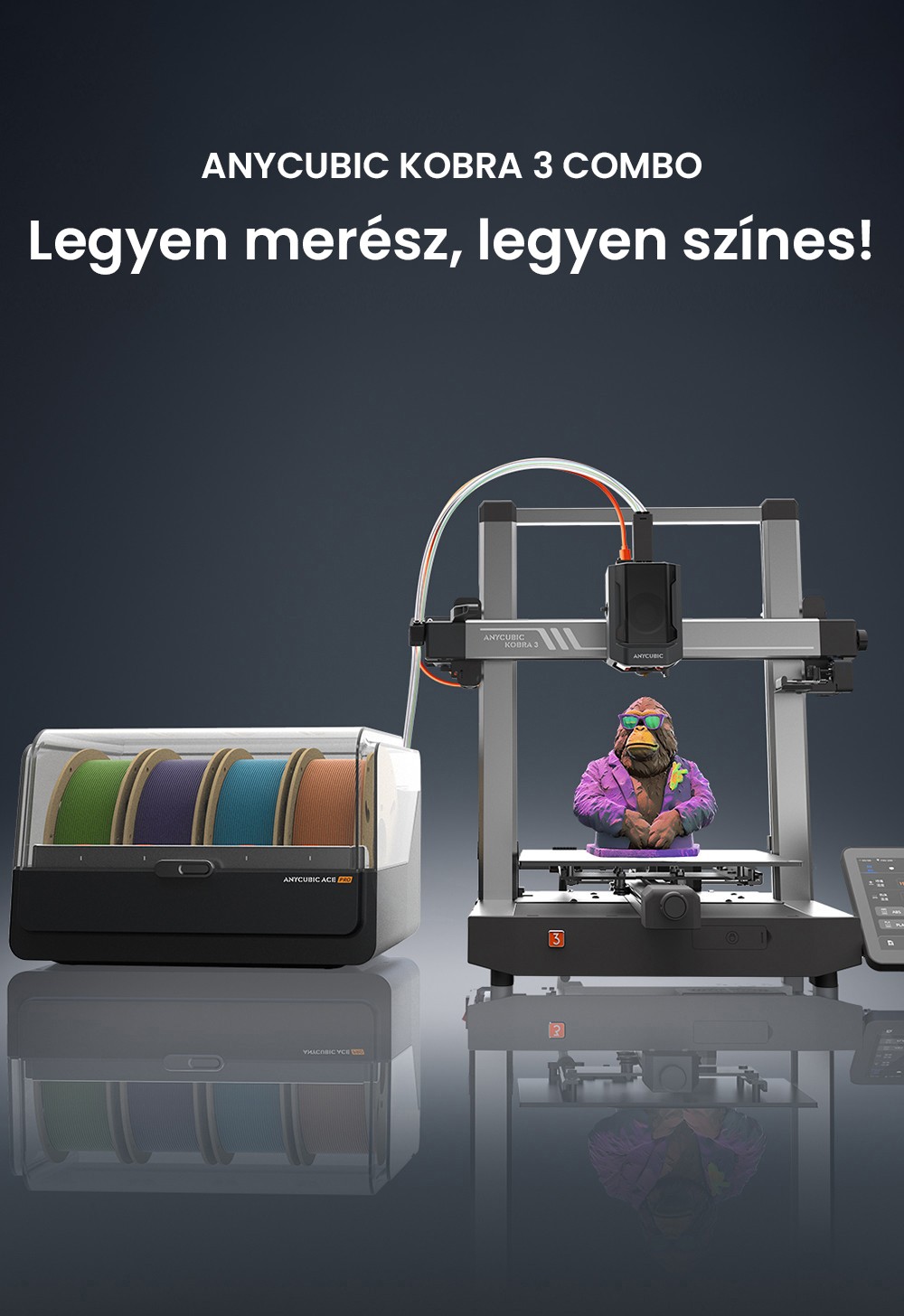 ANYCUBIC KOBRA 3 COMBO 3D nyomtató, ACE Pro-val, Max. 600 mm/s sebesség, Kettős PTC fűtőrendszer, Intelligens többszínű nyomtatás, Automatikus szintezés, Fúvóka eltömődés-észlelés, Bővíthető méret 250x250x260mm