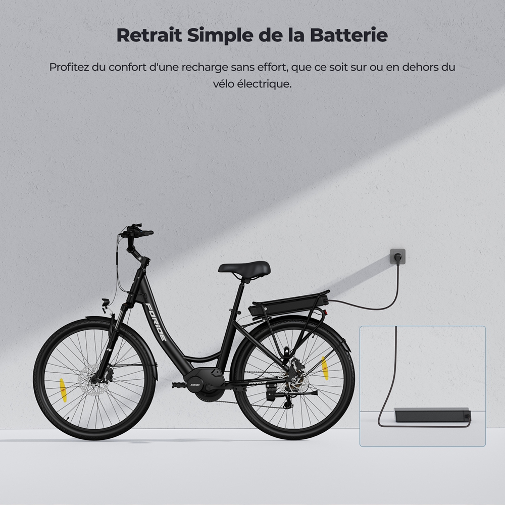 Foride Urbano 2 Vélo électrique, moteur central 250 W, batterie 36 V 13 Ah, pneus 26 pouces, vitesse maximale 25 km/h, autonomie 100 km, frein à disque hydraulique, suspension avec blocage, transmission Shimano 7 vitesses