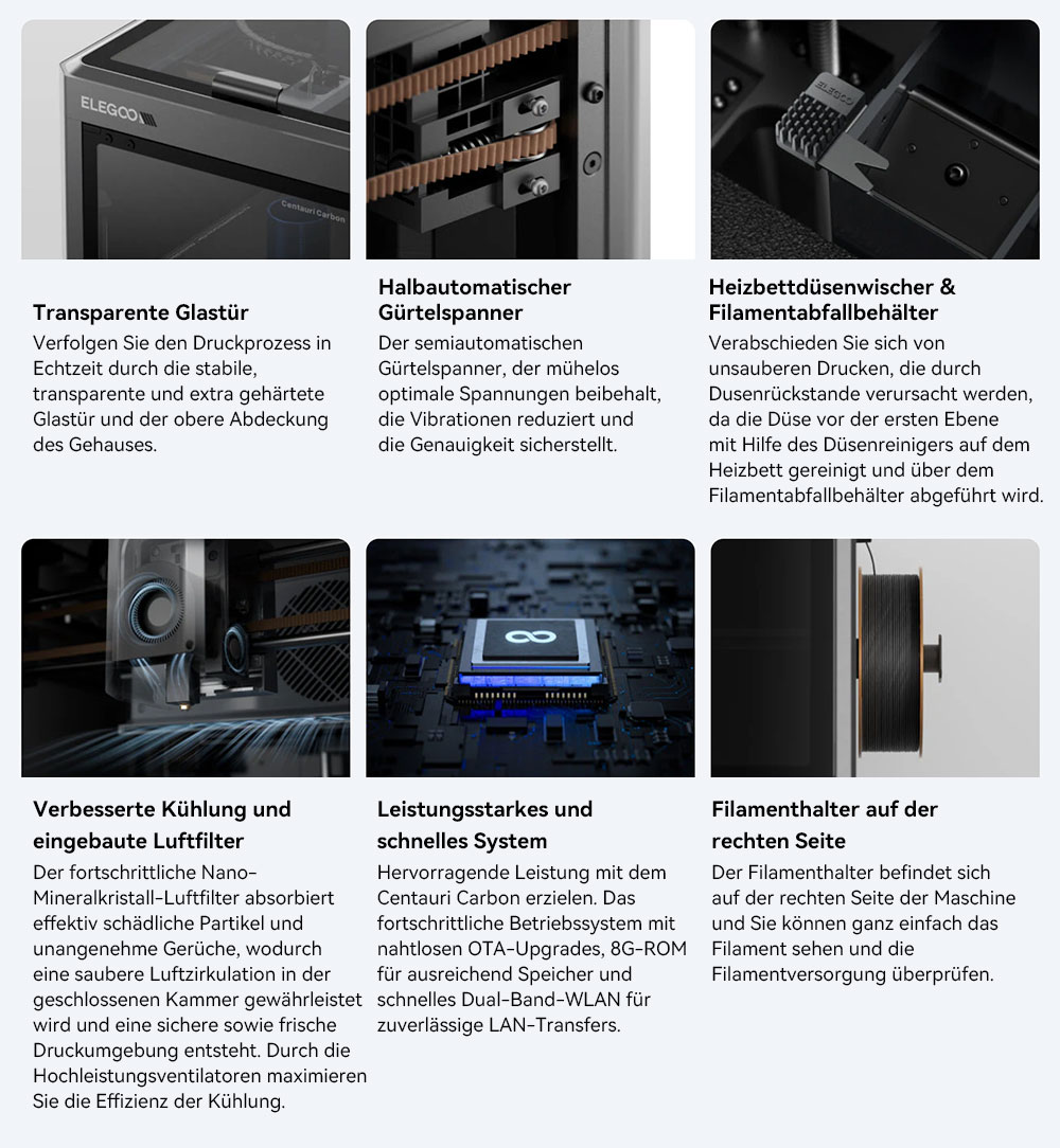 Elegoo Centauri Carbon 3D-Drucker, CoreXY 500mm/s, 320°C Düse, Carbon/PLA/ABS-kompatibel, Auto-leveling, 256*256*256mm