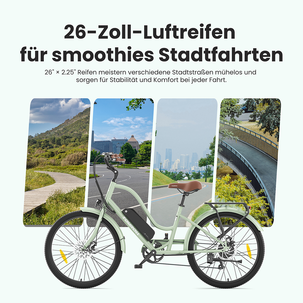 Touroll B2 Elektrofahrrad, 250 W Motor, 36 V 15,6 Ah Akku, 26 x 2,25 Zoll Reifen, 25 km/h Höchstgeschwindigkeit, 100 km Reichweite, Scheibenbremse und E-Bremse, Shimano 7-Gang-Getriebe, LED-Display