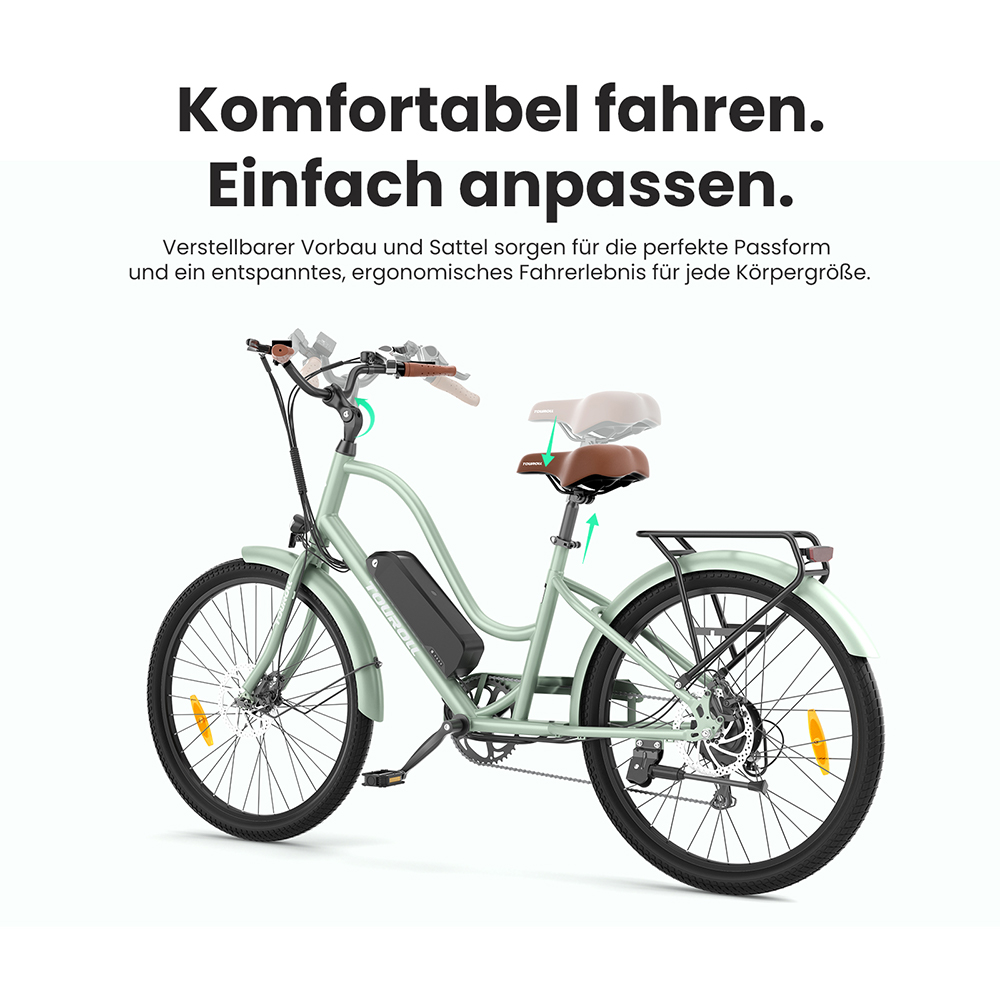 Touroll B2 Elektrofahrrad, 250 W Motor, 36 V 15,6 Ah Akku, 26 x 2,25 Zoll Reifen, 25 km/h Höchstgeschwindigkeit, 100 km Reichweite, Scheibenbremse und E-Bremse, Shimano 7-Gang-Getriebe, LED-Display